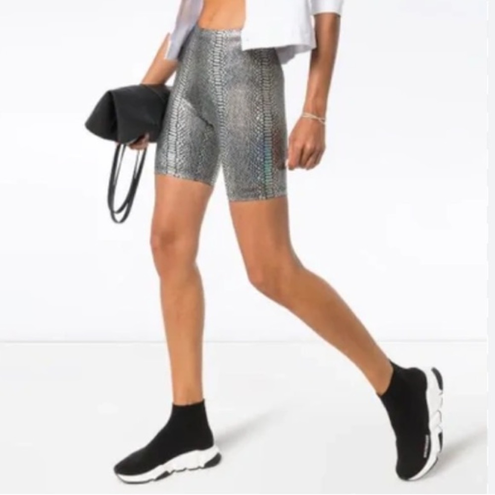 Metallic Snake-Print High-Rise Swim Short in Silver
